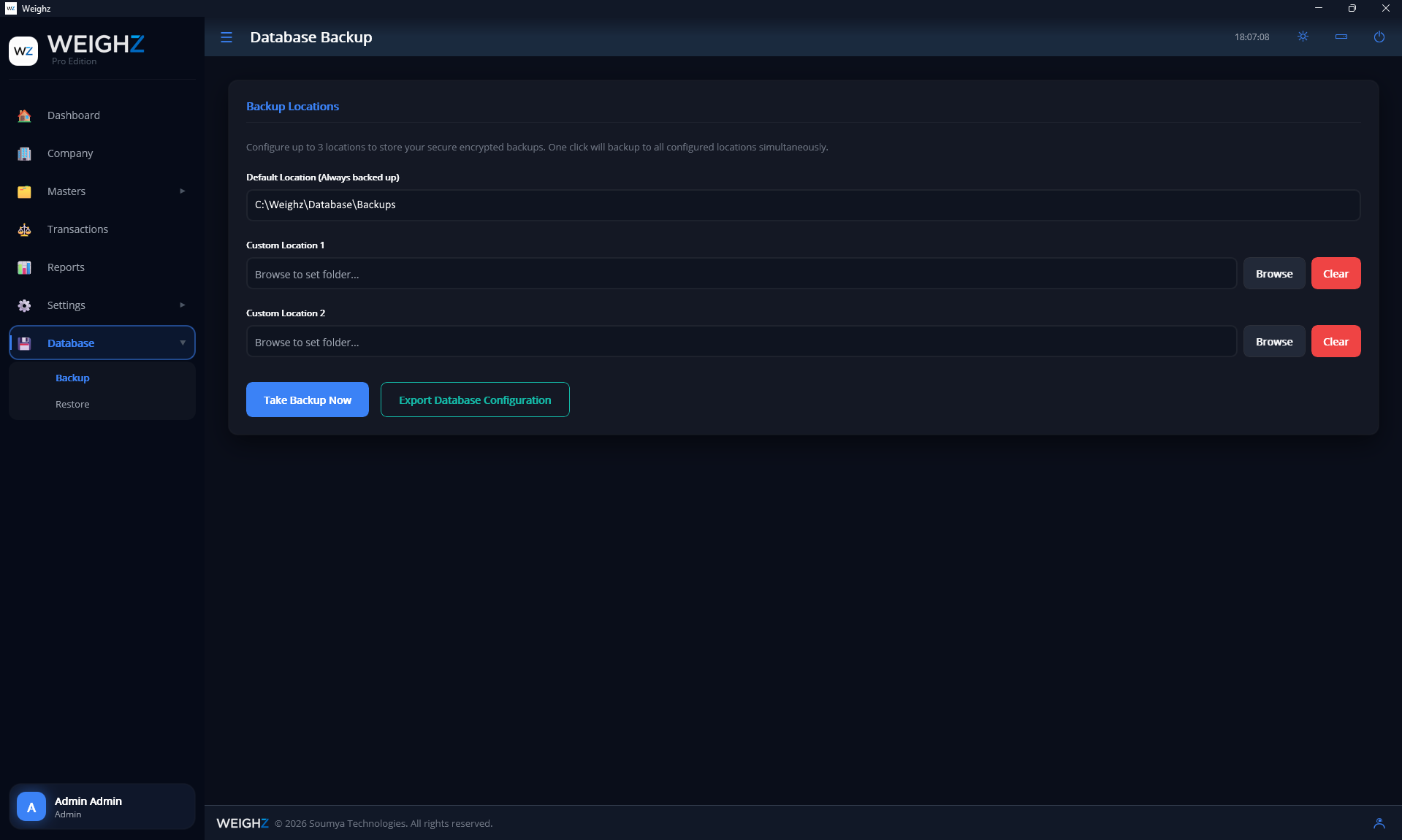 Weighz Database Backup Screen